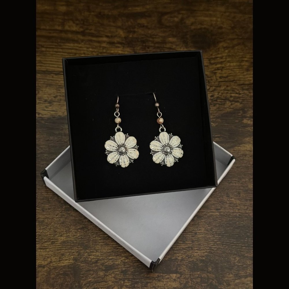 Earwire Painted Enamel White Flower Earrings